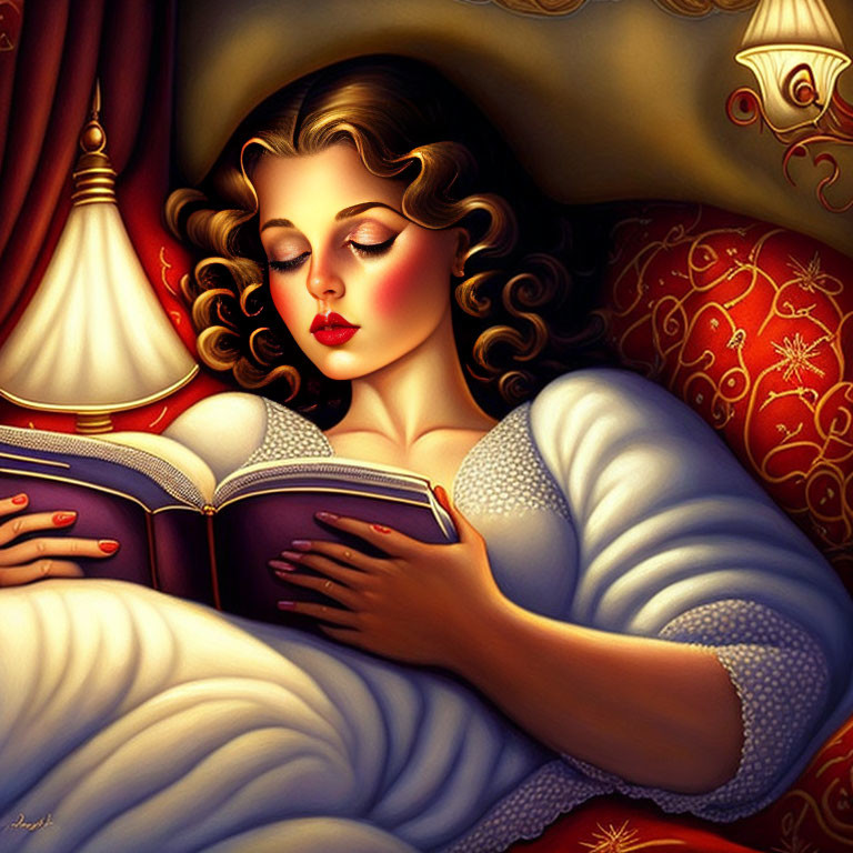Illustration of woman with wavy hair sleeping in bed with open book