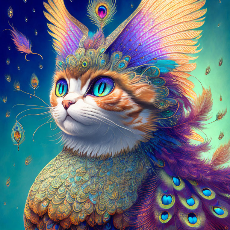 Colorful Cat Illustration with Peacock Feather Ears on Blue Background
