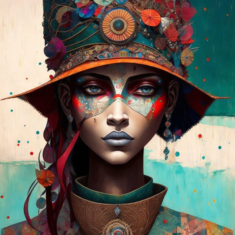 Detailed digital artwork: Woman with ornate headgear, vibrant face paint, intense gaze
