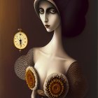 Stylized female figure with clock elements and celestial designs on brown background