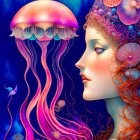 Colorful woman's profile merged with jellyfish motifs in pink and blue, featuring intricate details and dream