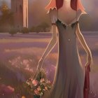 Illustrated young girls in vintage dresses in misty meadow with castle tower