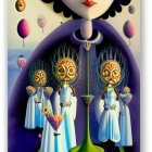 Surrealist artwork: Clocks with eye motifs on figure with pale face, wings, celestial elements