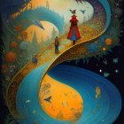 Fantastical artwork: Red-cloaked figure on surreal path with flora and fauna