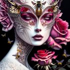 Fantastical Female Figure with Floral Designs on Dark Background