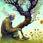 Surreal painting: Old man merging with tree under starry sky