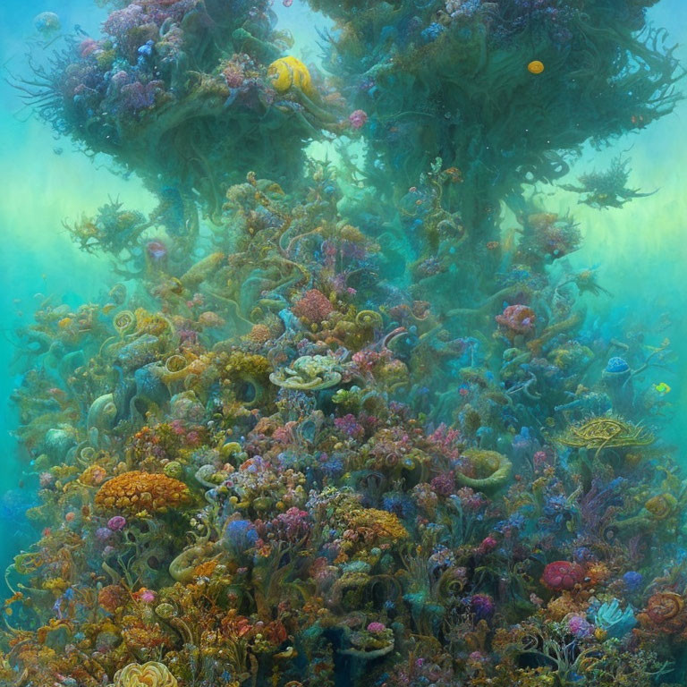 Colorful Coral Reef Teeming with Underwater Flora in Blue Sea