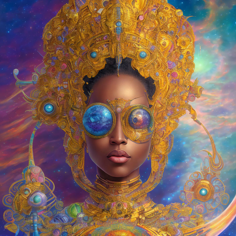 Woman with Cosmic-Themed Glasses and Golden Headpiece on Starry Background