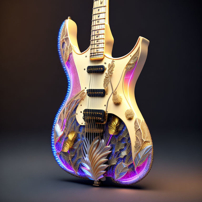 Intricate Golden and Iridescent Pattern Electric Guitar on Dark Background