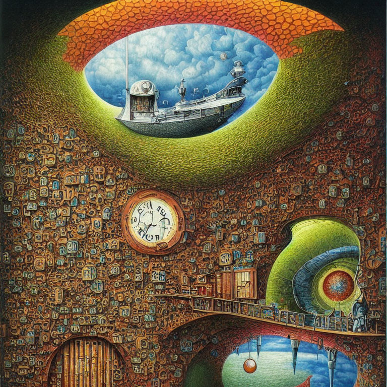 Surrealist painting of fantastical structure with ship on dystopian backdrop