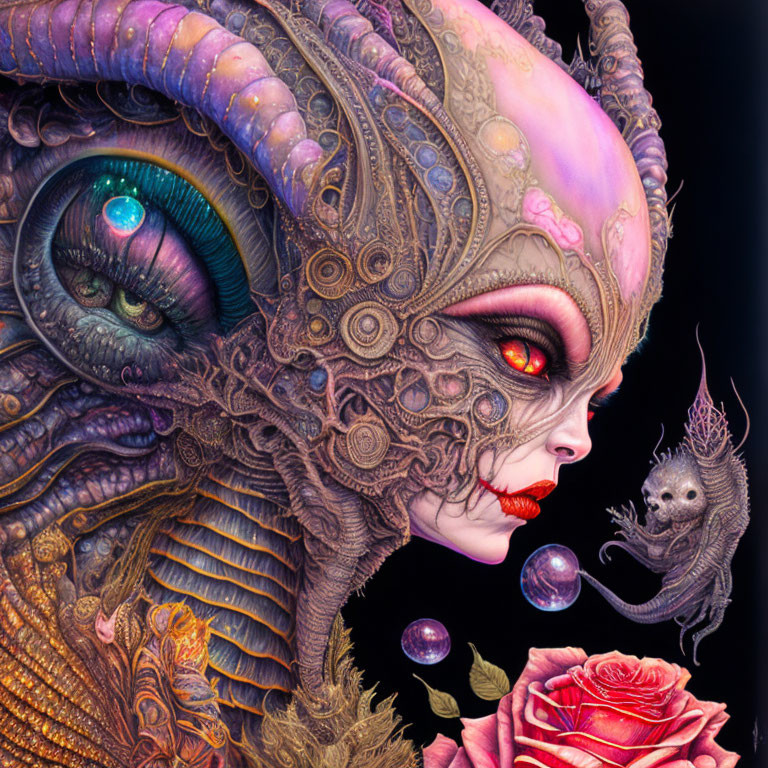 Fantasy illustration of ornate headdress female creature with mythical being and roses