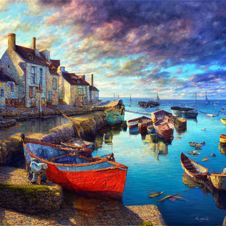 Colorful boats and stone houses in serene harbor at sunset