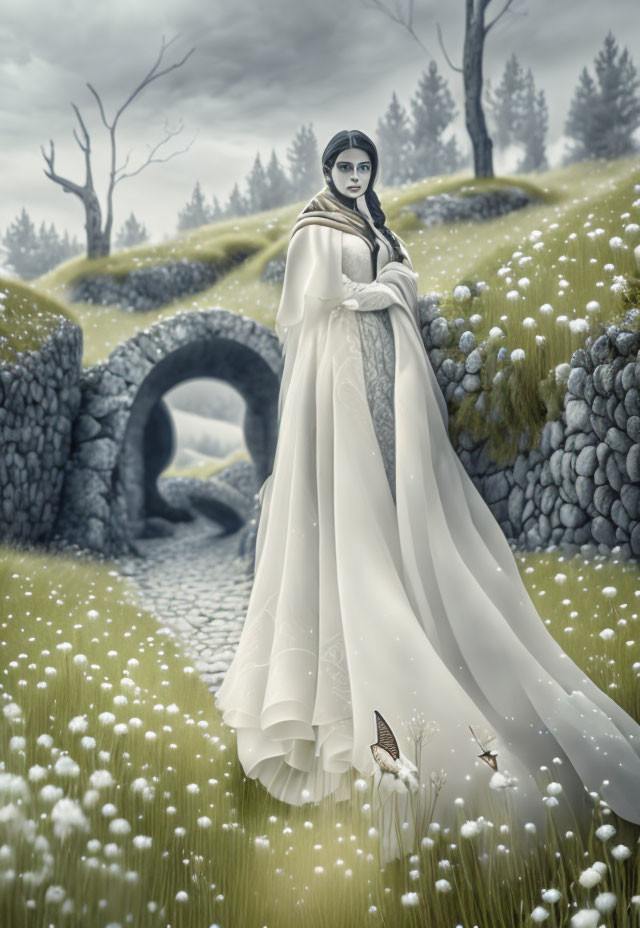 Woman in white dress on misty grass with stone bridge and butterflies