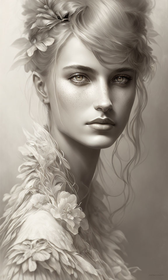 Monochrome digital portrait of a woman with wavy hair, flowers, freckles, and feather