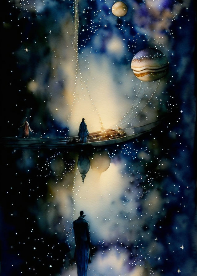 Surreal artwork of figures on orbs in cosmic setting
