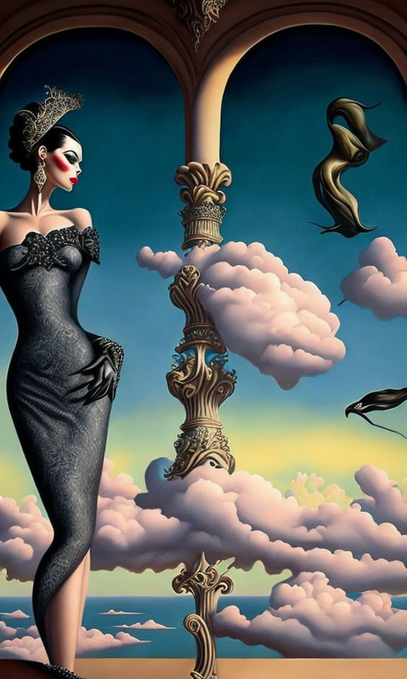 Surreal digital artwork: Elegant woman with stylized makeup, floating arches, clouds, and