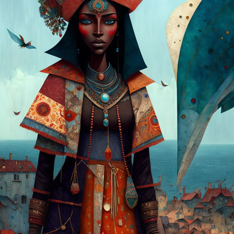 Dark-skinned woman in colorful attire with intricate jewelry in whimsical coastal scene.