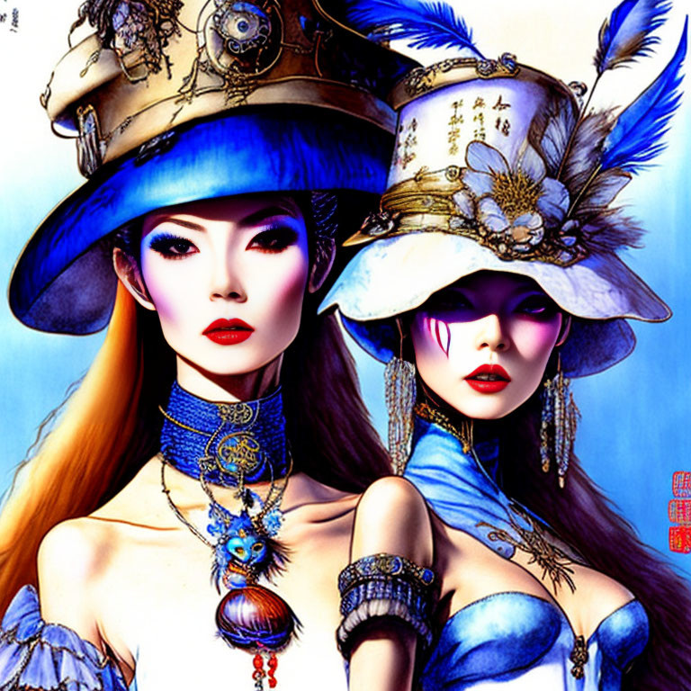 Two women in elaborate steampunk attire with Victorian hats and vibrant makeup.