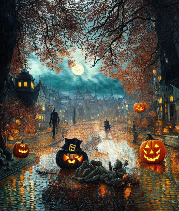 Moonlit Halloween-themed cobblestone street with jack-o'-lanterns and spooky trees