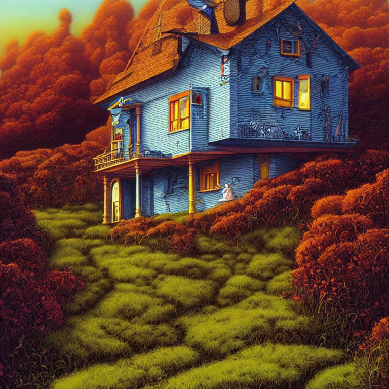 Whimsical Blue House in Surreal Forest Setting