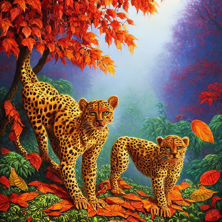 Vibrant spotted leopards in misty forest foliage