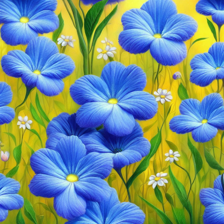 Colorful painting of blue flowers on yellow background