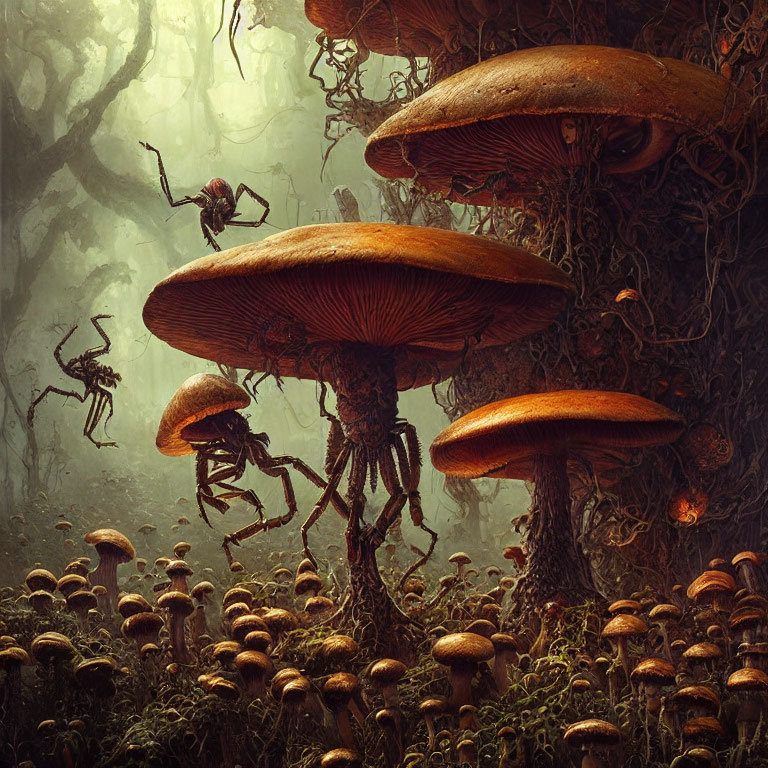Fantastical forest with oversized mushrooms and insect-like creatures