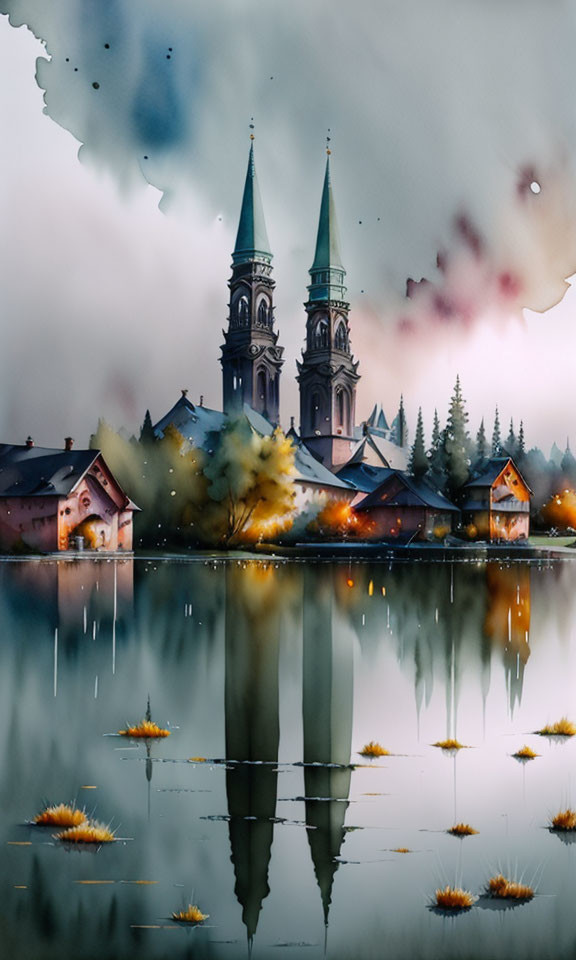 Church reflection in tranquil lakeside scene with autumnal ambiance