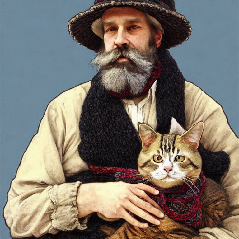 Bearded man in straw hat holding cat with red scarf on blue background