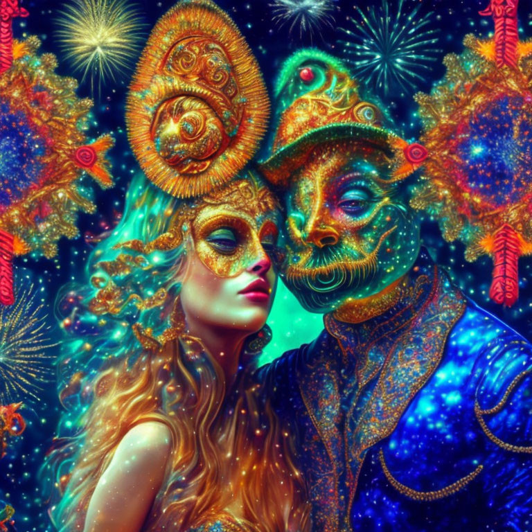 Two individuals in intricate golden masks and costumes amidst colorful fireworks.