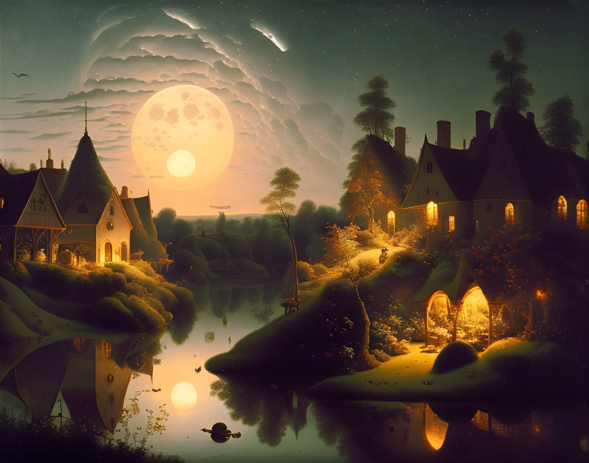 Nighttime village scene with illuminated houses, moon, and shooting star