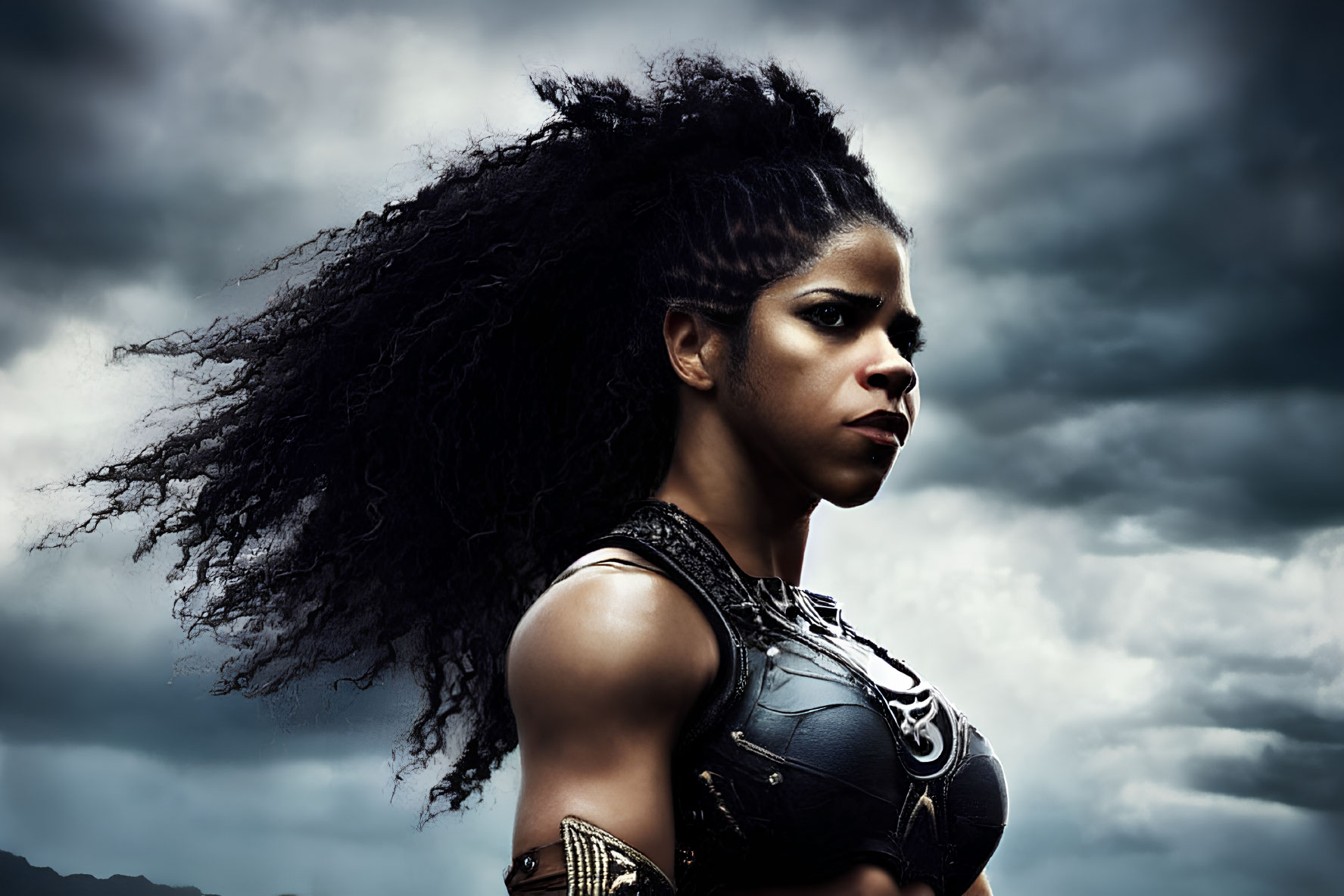 Curly-haired woman in warrior attire against stormy sky.