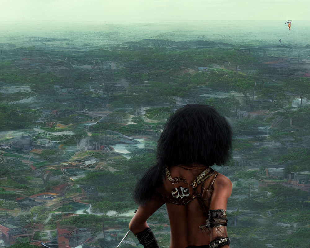Woman in ornate outfit gazes at futuristic cityscape with green spaces and water bodies under stormy