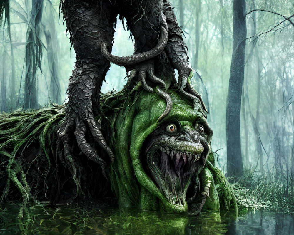 Fantastical creature with tree-like features and large green eye in misty forest