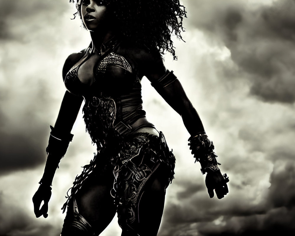 Woman in dramatic warrior costume with ornate armor poses confidently under brooding sky