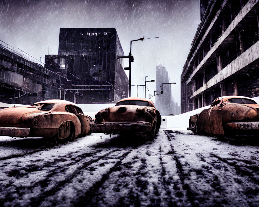 Abandoned cars in snow-covered urban street with dimly lit buildings