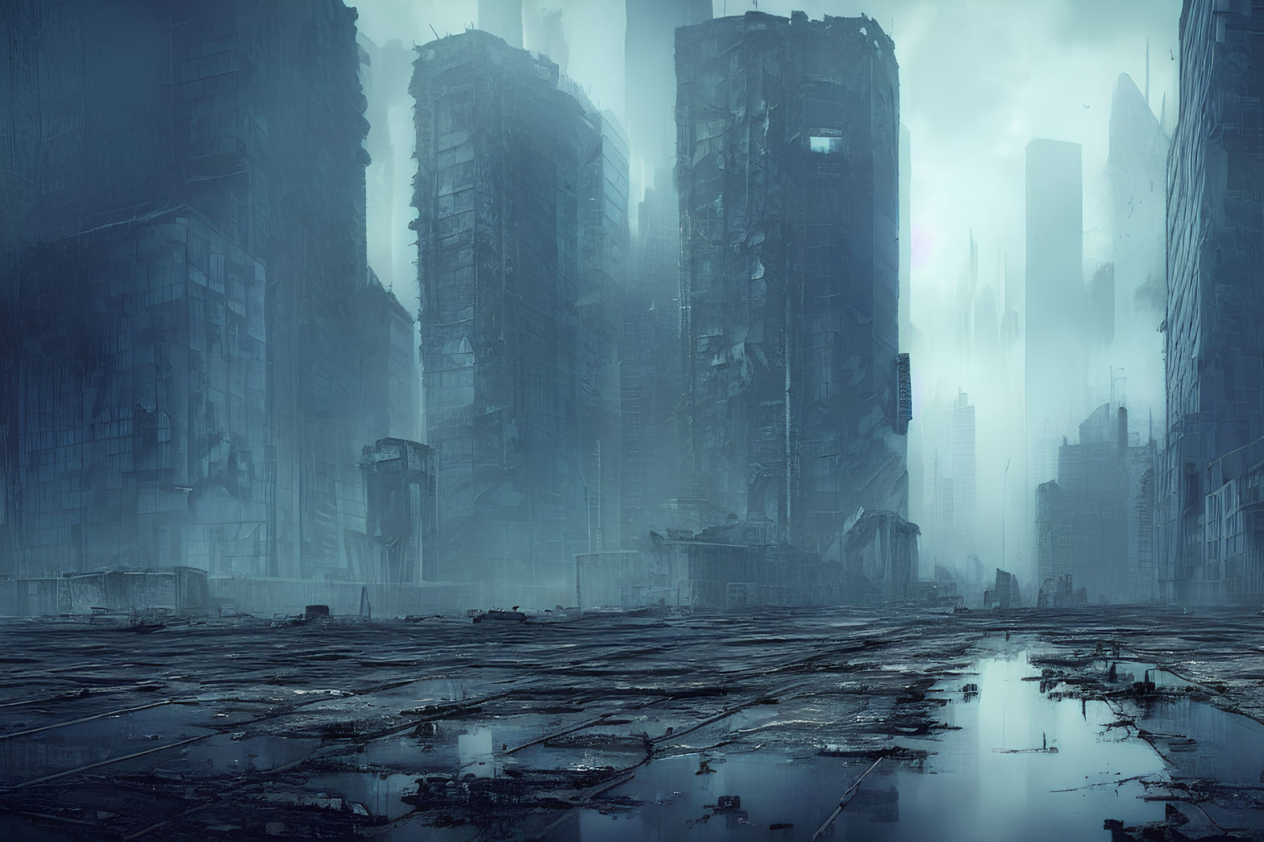 Desolate urban landscape with mist-shrouded skyscrapers
