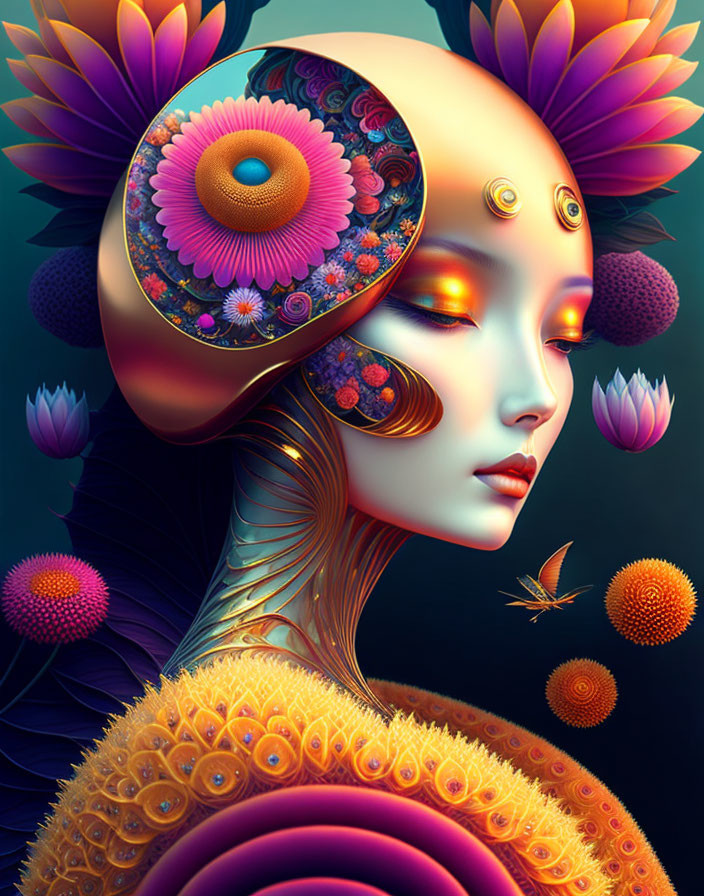 Colorful surreal illustration: Female figure with floral headpiece and flower-filled brain, butterfly present