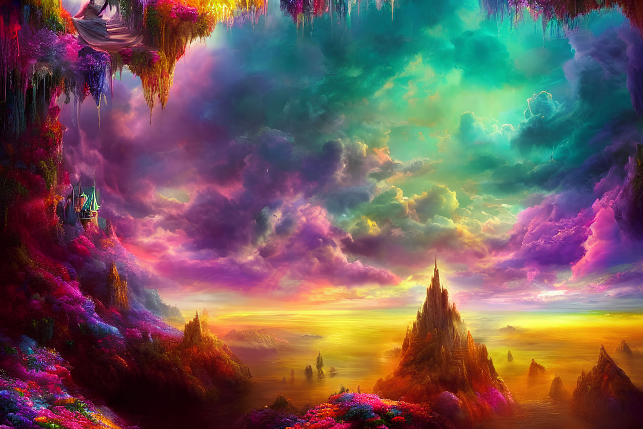 Colorful Fantasy Landscape with Floating Islands and Castle