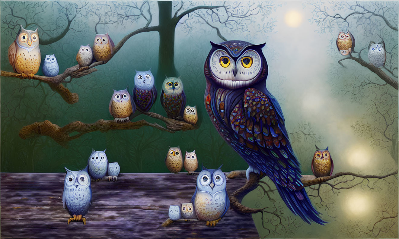 Varying sizes colorful owls on branches in moonlit scene