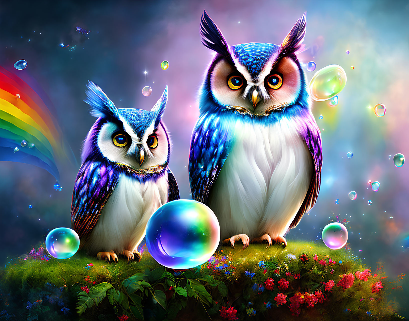 Colorful Illustrative Owls Surrounded by Bubbles and Flowers on Cosmic Rainbow Background