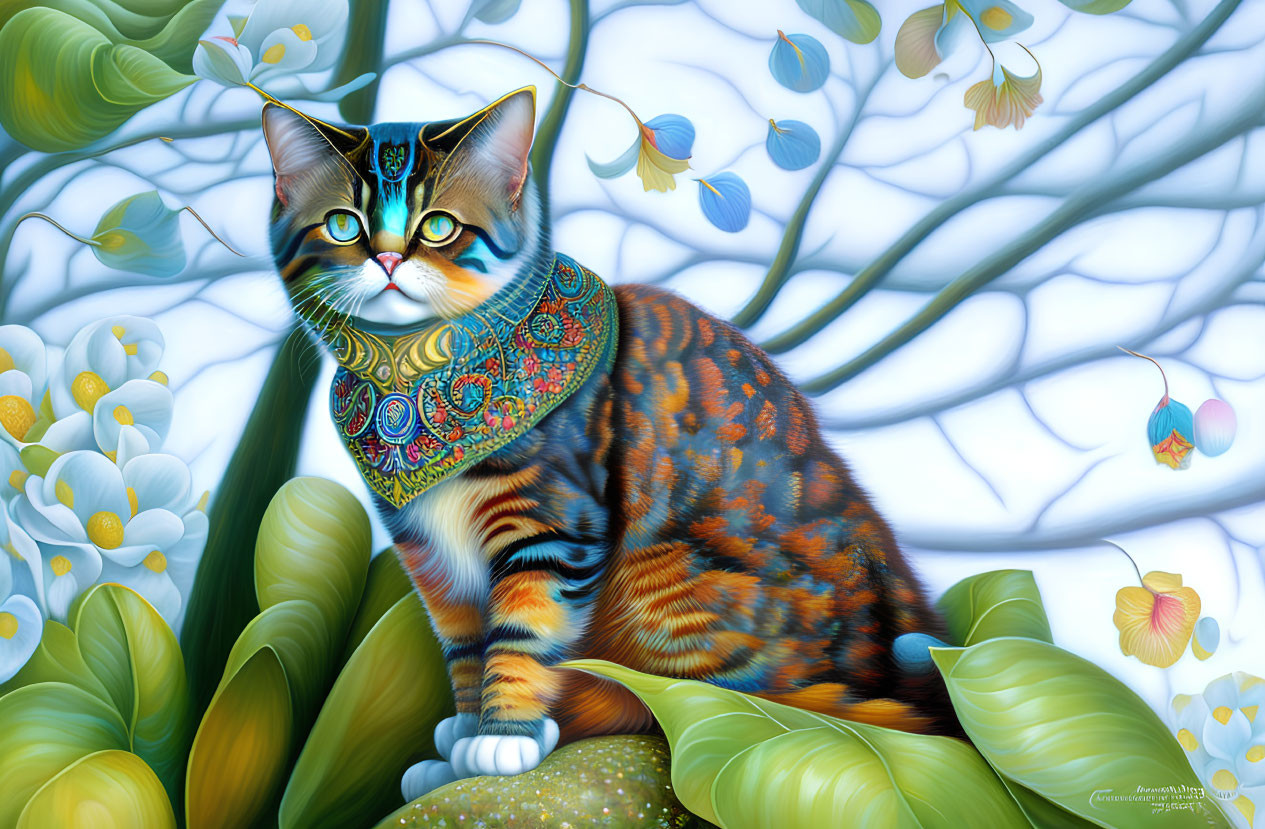 Colorful Patterned Cat Surrounded by Green Foliage and Blue Flowers