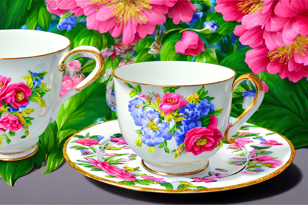 Ornate porcelain teacups with floral designs and gold accents on matching saucers surrounded by