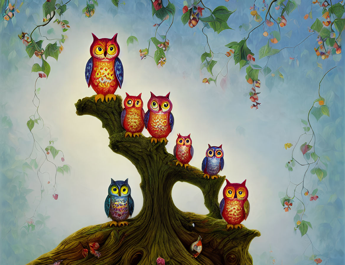 Vividly patterned owls on whimsical tree branches in dreamy setting