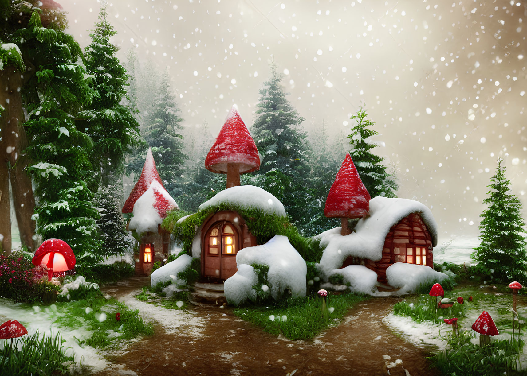 Snow-covered mushroom houses in enchanting winter scene