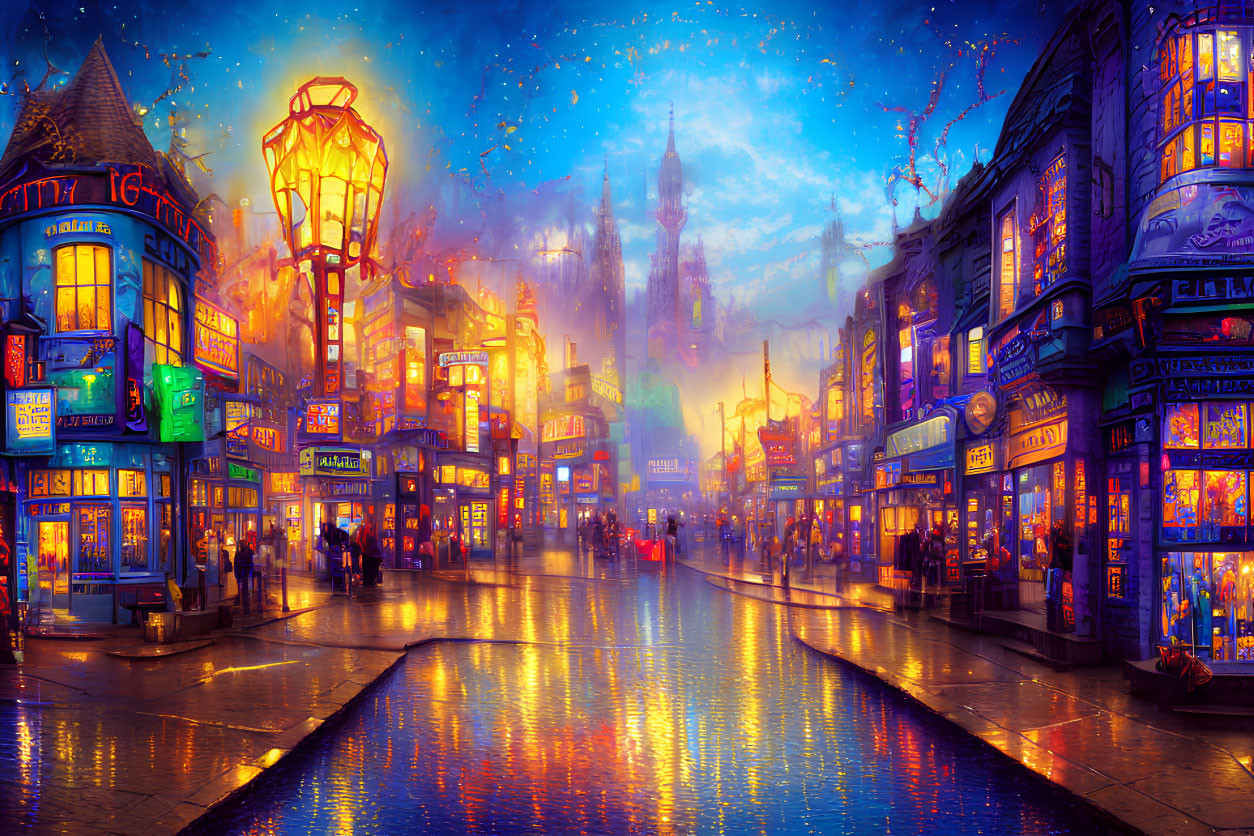 Vibrant fantasy city street at twilight with colorful shops and starry sky