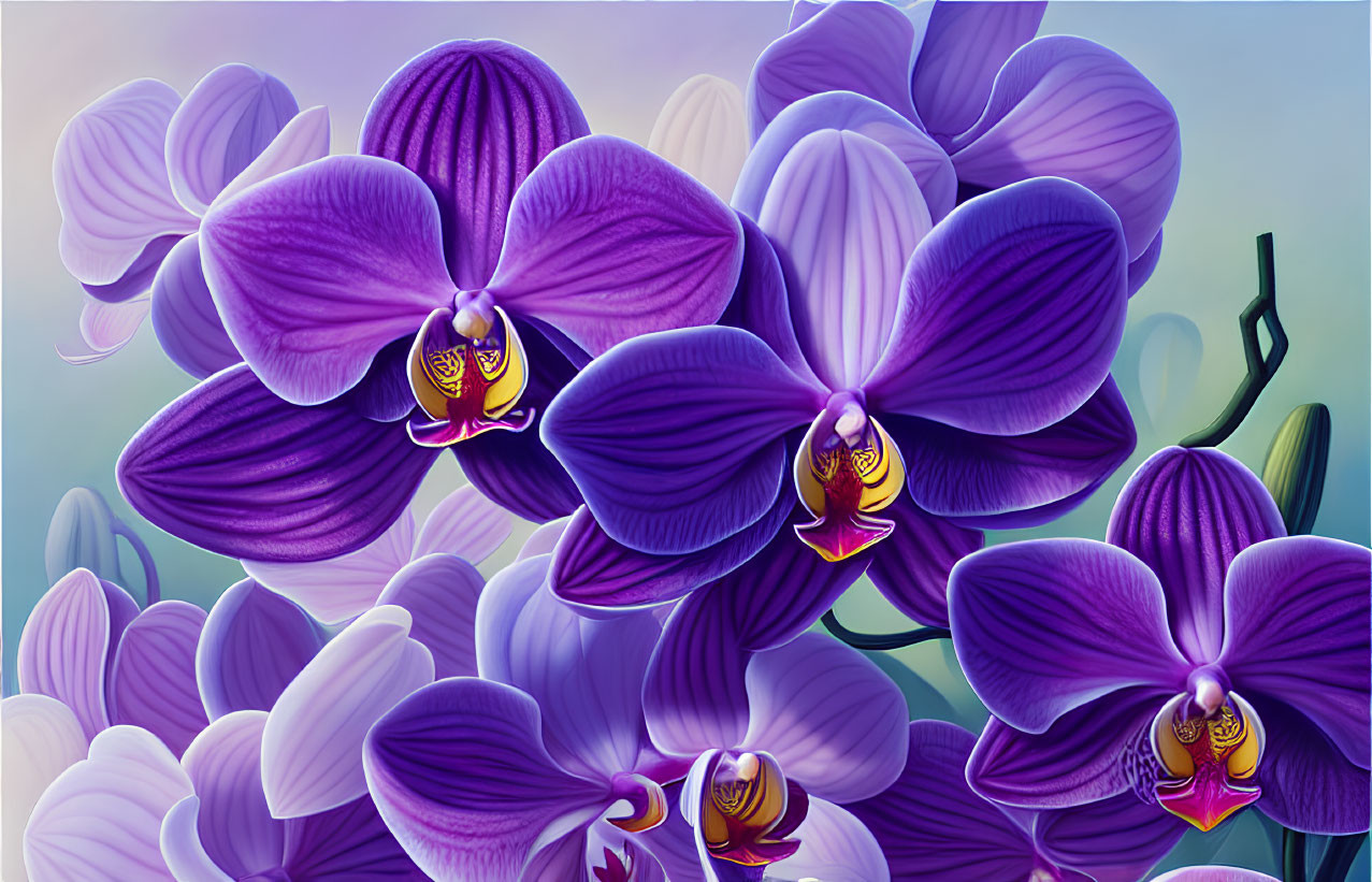Colorful Orchids with Yellow and White Centers on Soft-focus Background