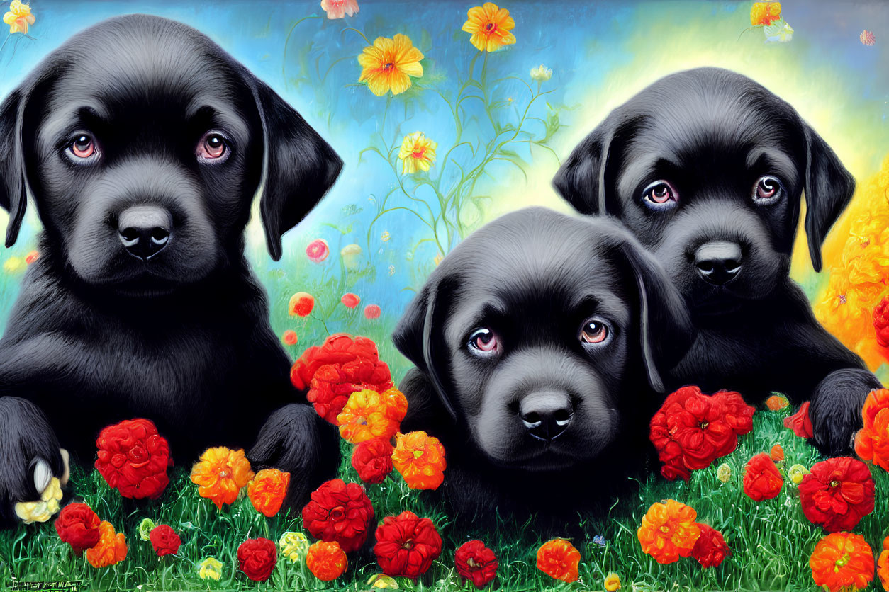 Three Black Puppies Surrounded by Colorful Flowers on Blue Background