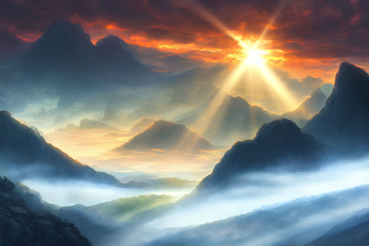 Majestic sunrise over mist-covered mountains with piercing light beams