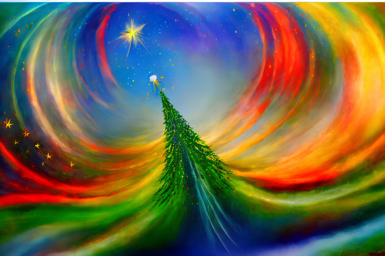 Colorful Abstract Christmas Tree Painting on Cosmic Background